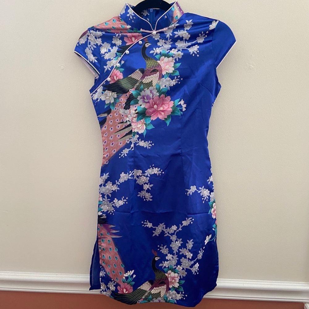 Blue Silk Dress with Peacock and Flower Designs